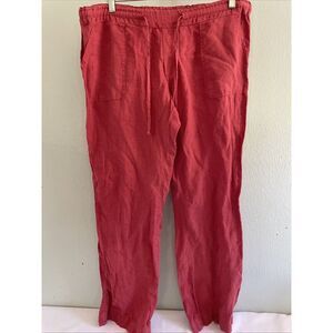 Allen Allen Linen Pants Coral Red Orange Wide Leg Lagenlook Pull On Drawstring L